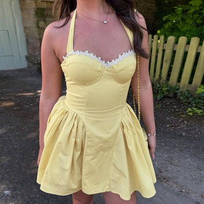 Women Clothing Summer Sexy Square Collar Elegant Backless Solid Color Halter Waist Dress by Ragazza