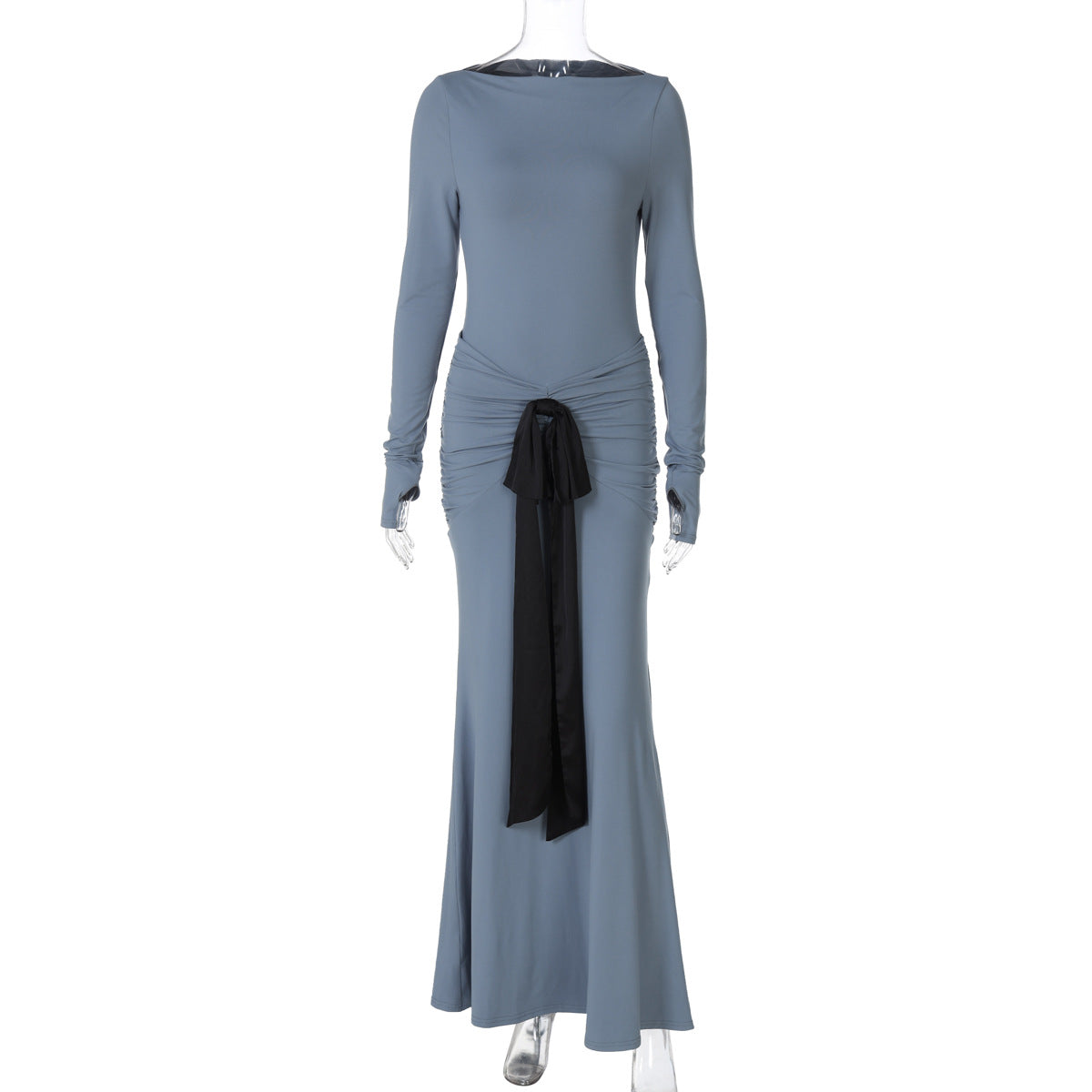 Women Clothing Summer Solid Color Pleated Waist Controlled Lace up Long Sleeve Dress Women by Ragazza