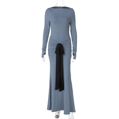 Women Clothing Summer Solid Color Pleated Waist Controlled Lace up Long Sleeve Dress Women by Ragazza