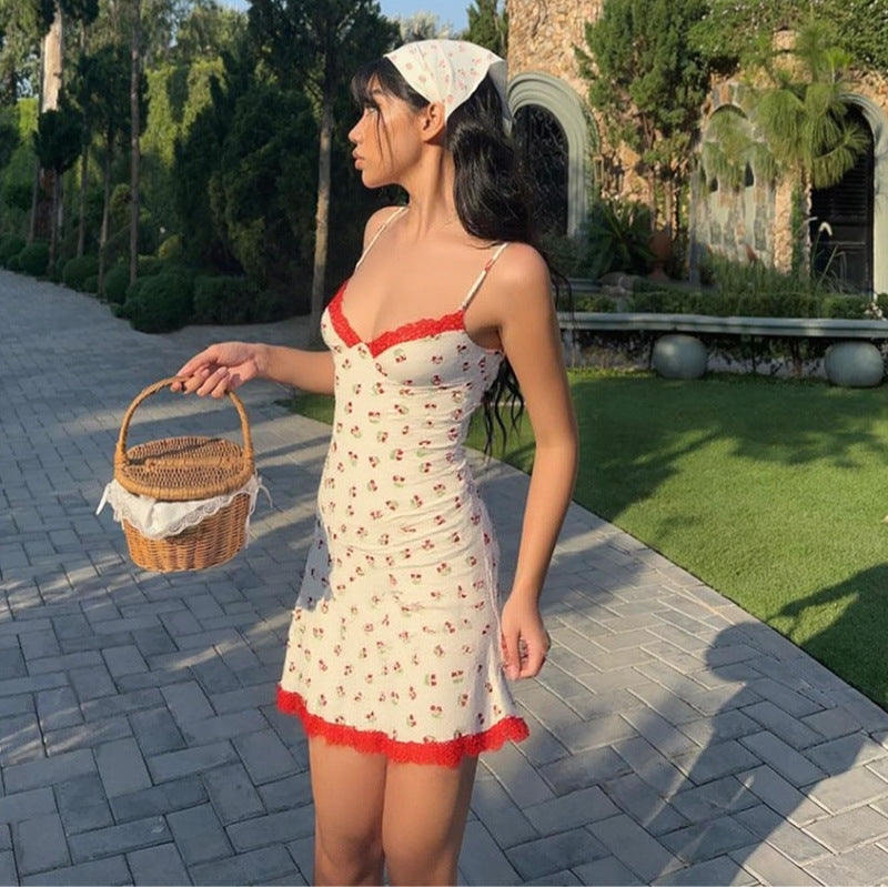 Women Clothing Summer Fresh Sweet Print Stitching Lace Strap Dress for Women by Ragazza