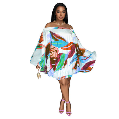 Spring Summer Off Shoulder Loose Elastic Printing Batwing Shirt Long Sleeve Dress by Ragazza