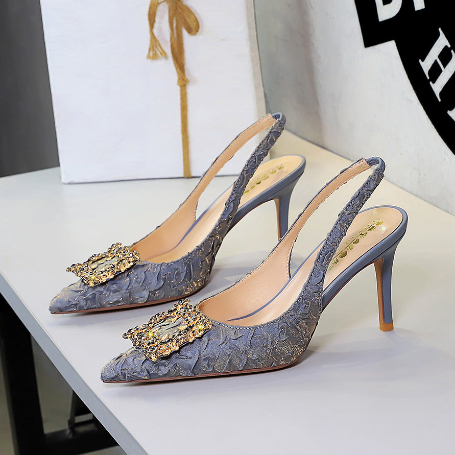 Cocktail Stiletto Heel Women Shoes Metal Rhinestone Square Buckle Pointed Toe Slingback Back Strap Sandals Women  DestGlow