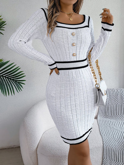 Autumn Winter Elegant Square Collar Button Long Sleeve Sweater Hip Dress Women Clothing by Ragazza