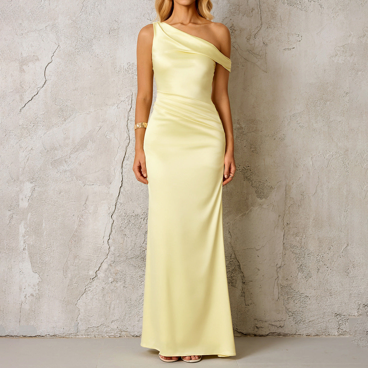 Summer Satin Slim Fit Oblique Shoulder Slimming Dress Sexy One-Shoulder Pleated Long Formal Dress by Ragazza