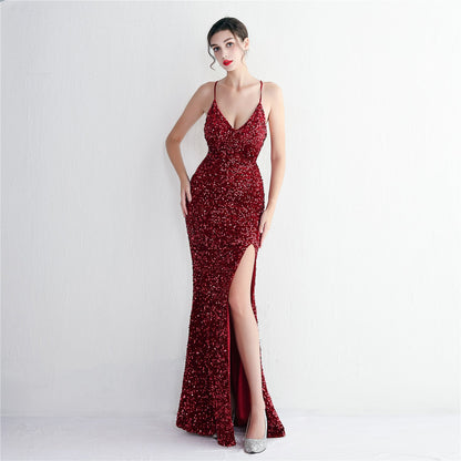 Velvet Bottom Sequin Suspender Party Sequined Dress Long Banquet Slim Fit Evening Dress Elegant by Ragazza