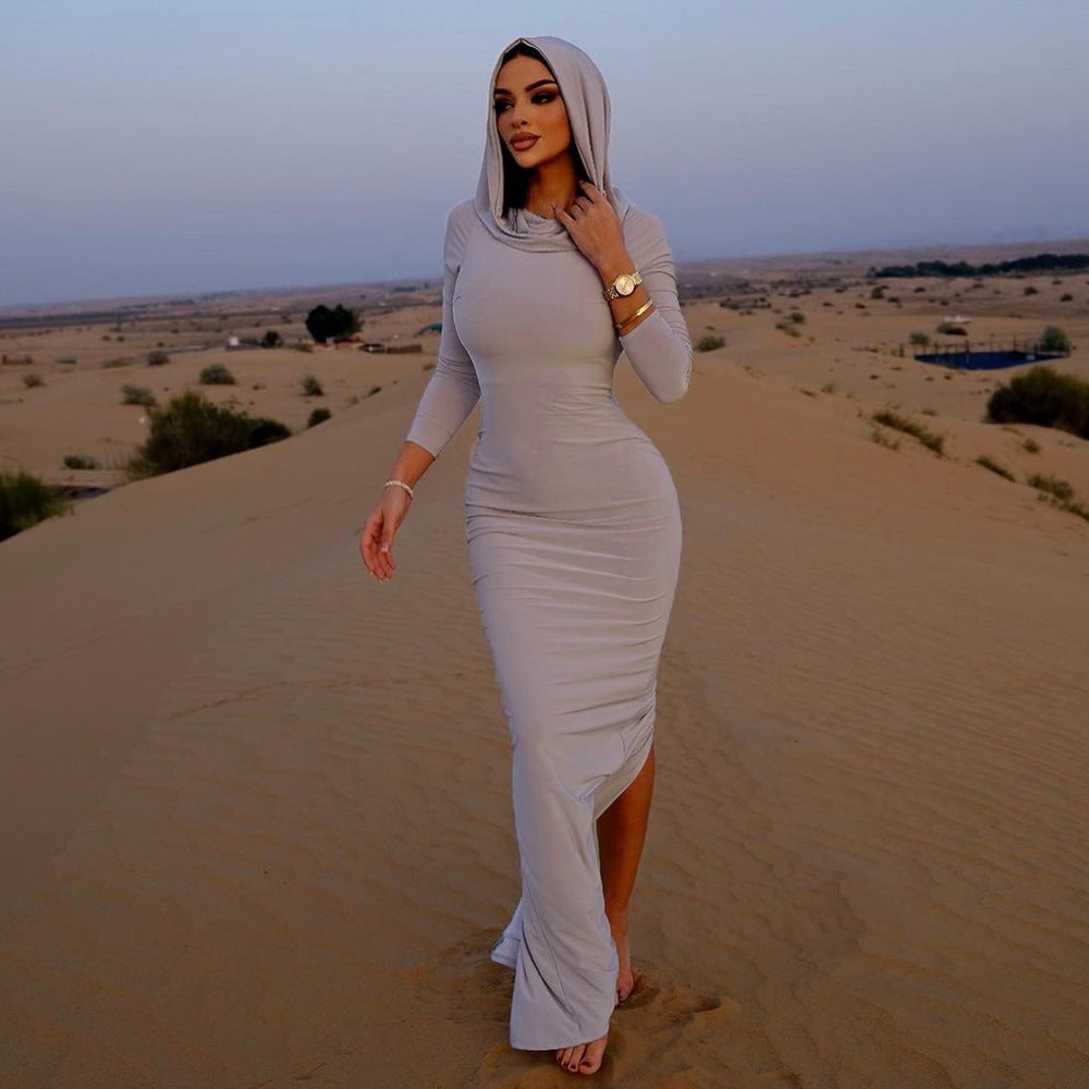 Women Clothing Summer Hooded High Elastic Long Sleeve Split Elegant Slim Dress by Ragazza