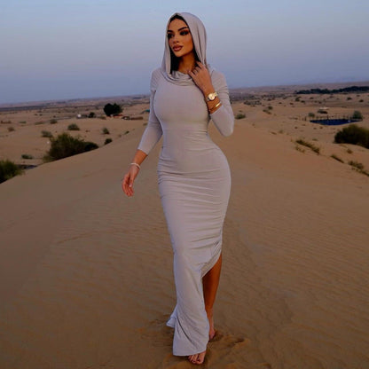 Women Clothing Summer Hooded High Elastic Long Sleeve Split Elegant Slim Dress by Ragazza