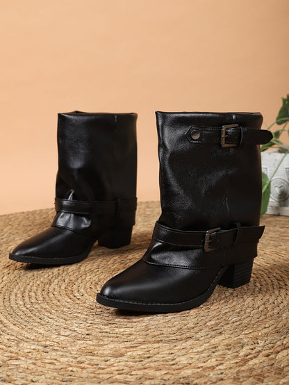 Medium Straight Pants Pipe Boots Women Autumn Winter Simple Big Tube Circumference Thick Heel Pointed Boots  DestGlow