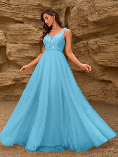 Elegant Sequin Stitching Mesh Double Collar Party Dress Sleeveless Large a Hem Full Lining Maxi Dress Prom by Ragazza
