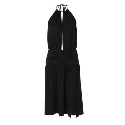 Women Sexy Deep V Plunge neck Bare Back Halter Strap Pleated Waist Tight Slit Dress by Ragazza