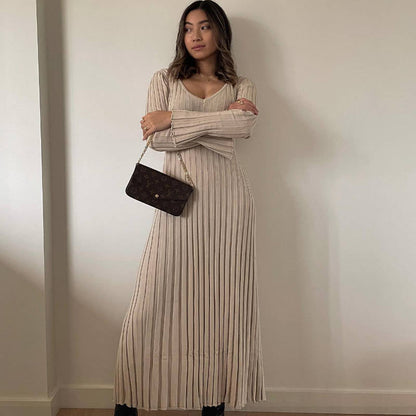 Autumn Winter Knitted Dress Casual Waist Tight V Neck Big Pit Stripe Slimming Knitted Maxi Dress Women by Ragazza