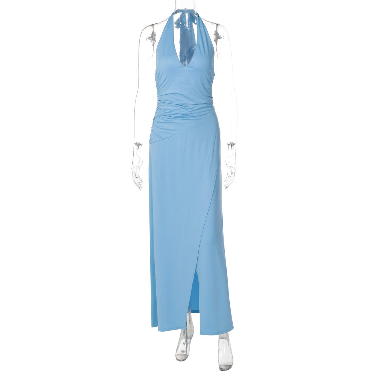 Women Clothing Sexy V neck Solid Color Sleeveless Halter Lace-up Backless Pleated Waist Tight Slimming Slit Dress by Ragazza