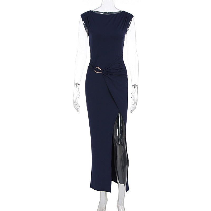 Summer Women Solid Color round Neck Slim Slimming Slit Dress by Ragazza