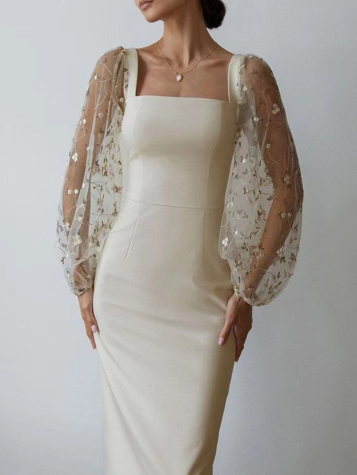 Women Concise Elegant Embroidery Stitching Hip Dress by Ragazza