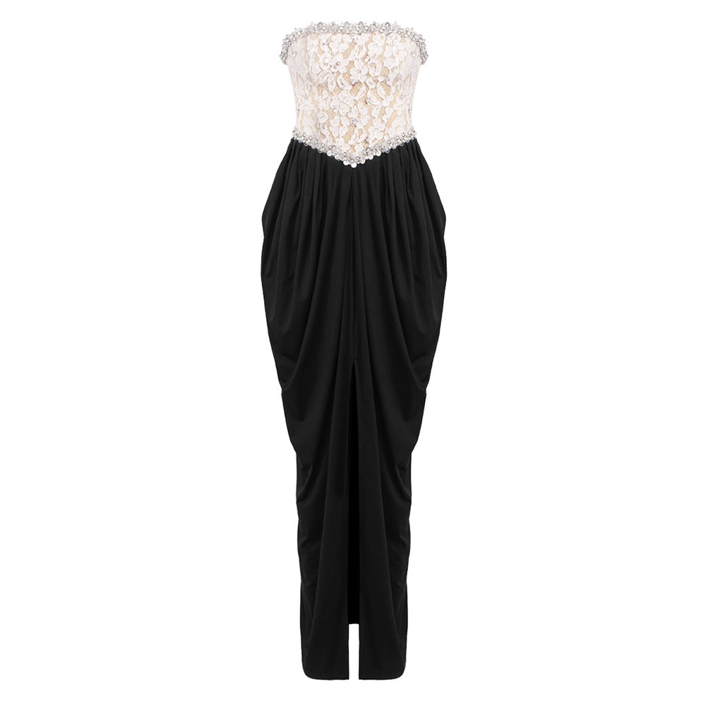 Sexy Women Lace Bead Strapless Dress High Elastic Split Long Dress by Ragazza