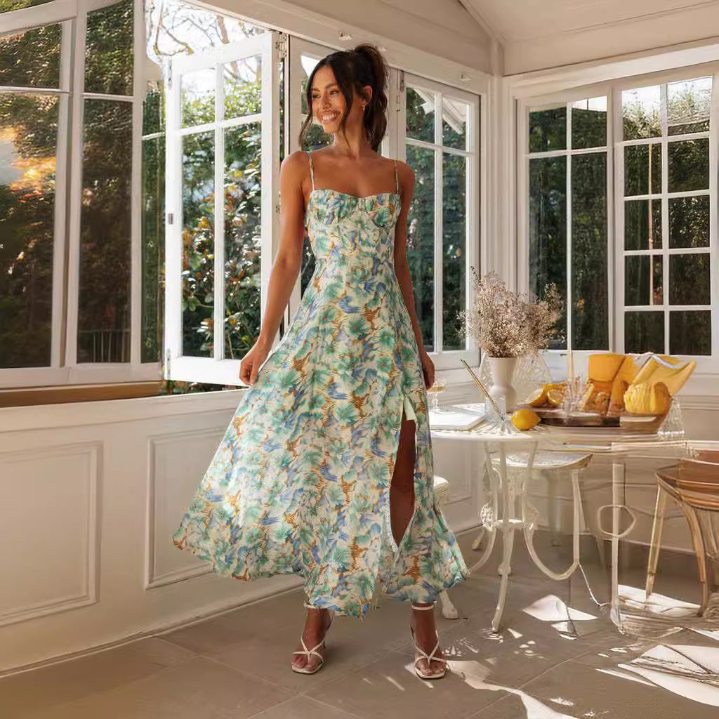 Summer Suspender Printed Hem Slit Backless Maxi Dress by Ragazza