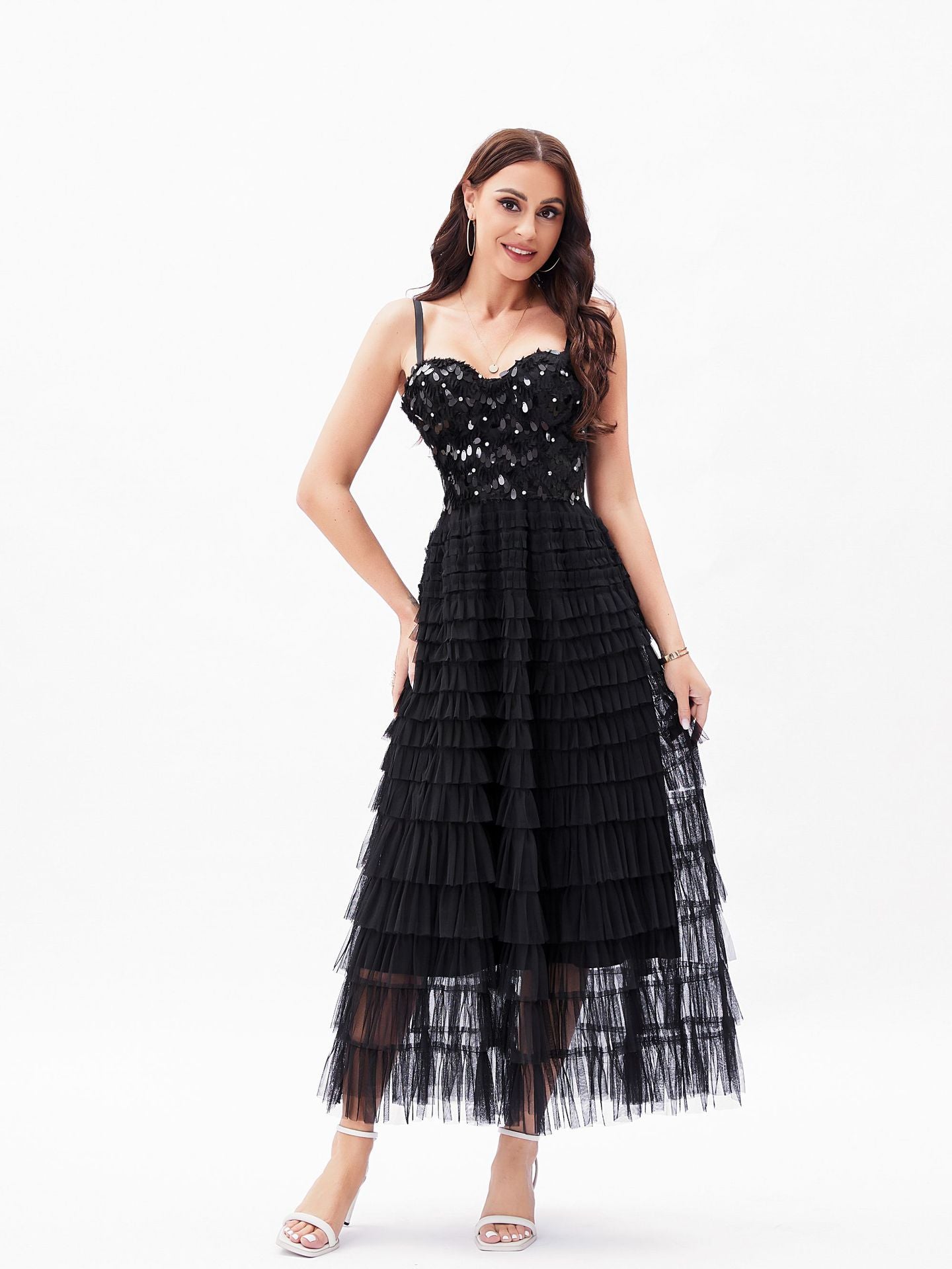 Sexy Socialite High Sense Black Paillette Beauty Back Underwear One Piece Dress Boning Corset Sling Multi-Layer Tiered Dress by Ragazza