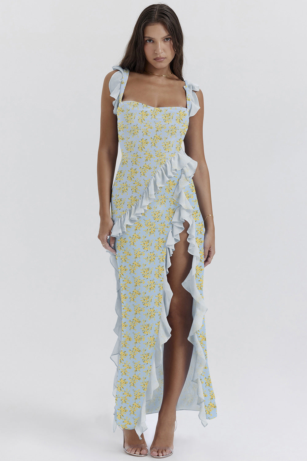 Summer French Strap Wooden Ear Sexy Split Printing Dress by Ragazza