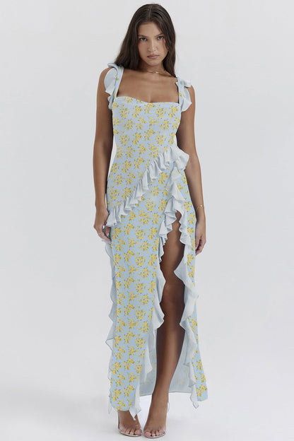 Summer French Strap Wooden Ear Sexy Split Printing Dress by Ragazza