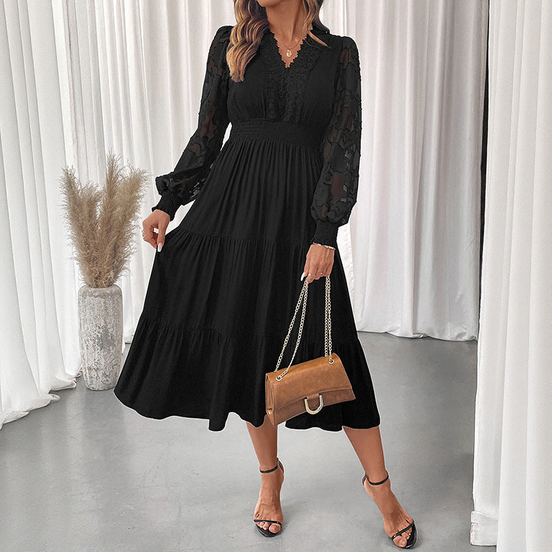 Autumn Sweet Elegant V neck Tight Waist Lace Long Sleeve Solid Color Dress Women by Ragazza