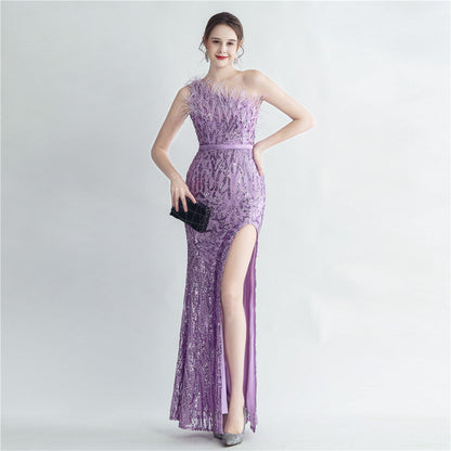 Heavy Industry Ostrich Hair Craft Bundle Hair Oblique Shoulder Side Slit High End Evening Dress by Ragazza