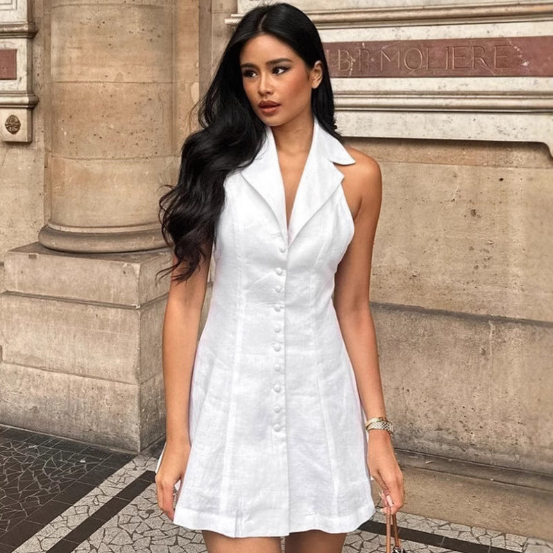 French Cotton Linen Halter Sexy Backless Dress Spring Summer Short for Women by Ragazza