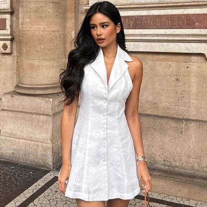 French Cotton Linen Halter Sexy Backless Dress Spring Summer Short for Women by Ragazza