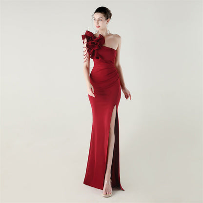 Single Shoulder Craft Beaded Nail Hair Wave Floral Satin High Slit Sexy Evening Dress Evening Cocktail Wedding by Ragazza