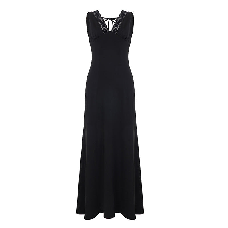 Woman Dress Lace Stitching Sexy Tied V neck Backless Dress by Ragazza