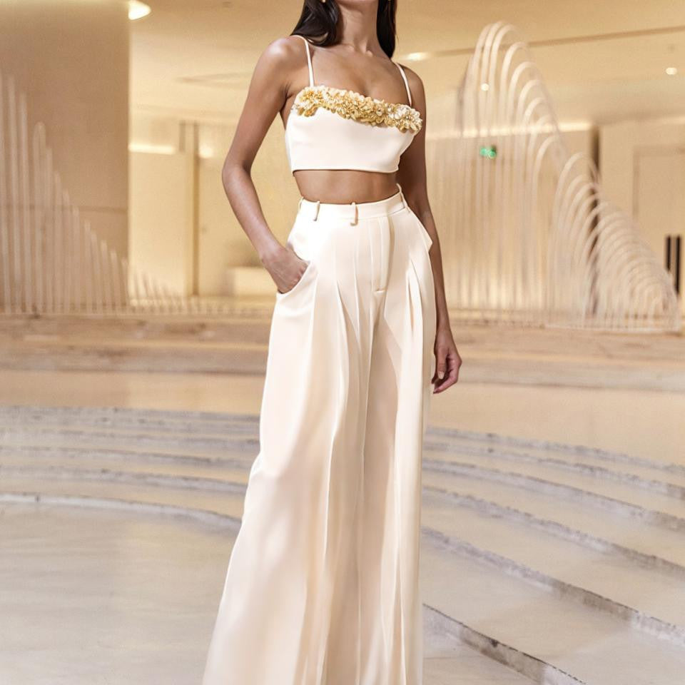 Spring Slim Fit High Grade Slim Sexy White Beautiful High Waist Wide Leg Women Two Piece Sets by Ragazza