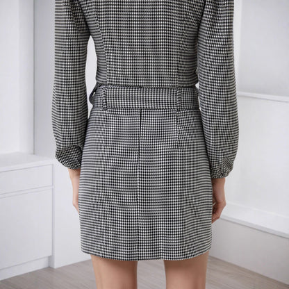 Autumn Retro Houndstooth Elegant V neck with Belt Waist Slimming Short Dress  DestGlow