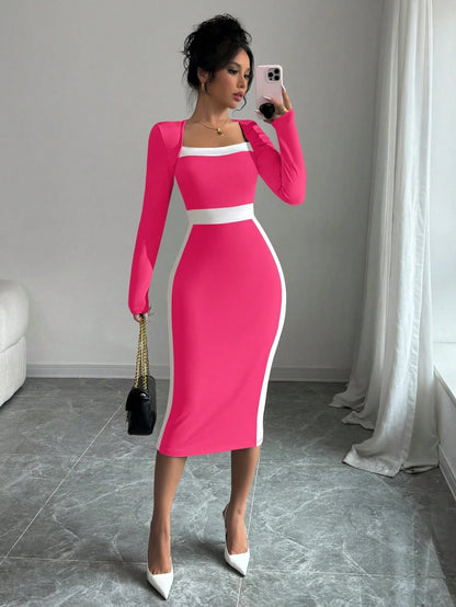 Women Clothing Stitching Contrast Color Midi Dress Sexy Sheath Long Sleeve Dress  DestGlow