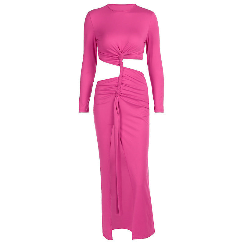 Autumn Winter Women Clothing Fashionable Pleated round Neck High Slit Slim Fit Long Sleeved Dress  DestGlow