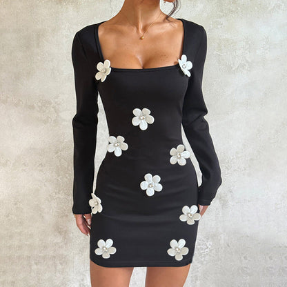 Autumn Winter Type Hip Sexy Three Dimensional Floral Long Sleeve Dress  DestGlow