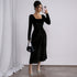 Black Velvet Dress Retro Square Collar Side Waist Pleated Slim Fit Inner Wear Autumn Winter High-Grade Dating Wear by Ragazza