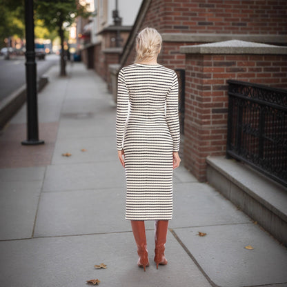 Striped Waist Twist Waist Controlled Slim Fit Slimming Split round Neck Dress by Ragazza