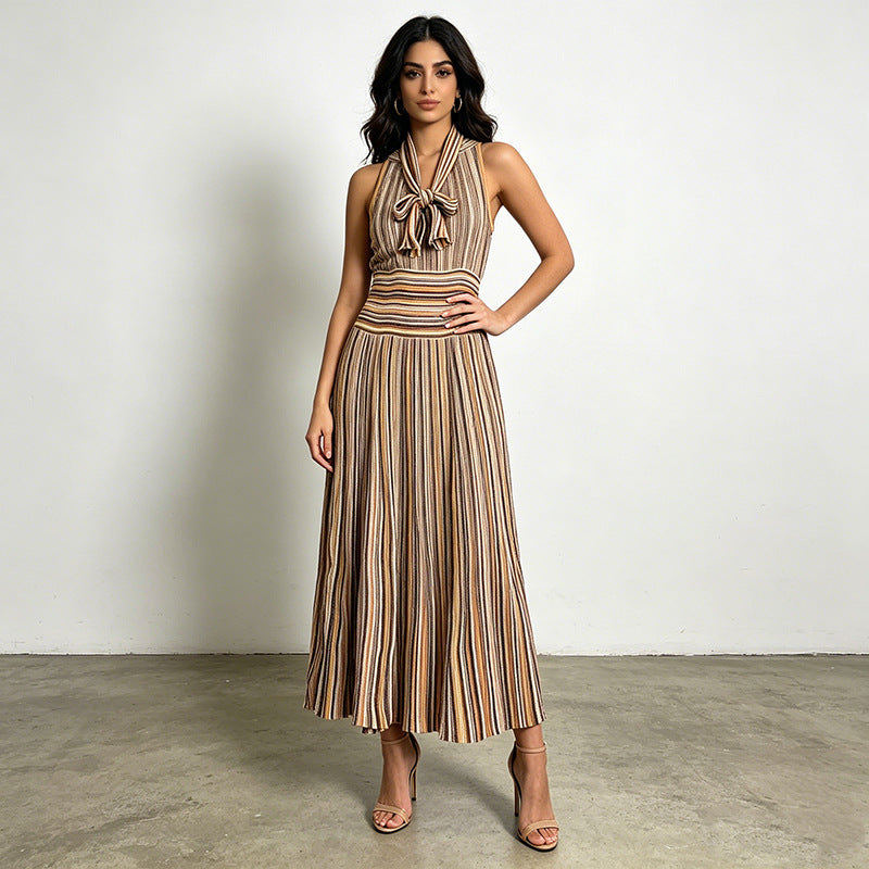 Artistic Retro Contrast Color Striped Dress Sleeveless Halter Collar Fitted High Waist Slimming Dress  DestGlow