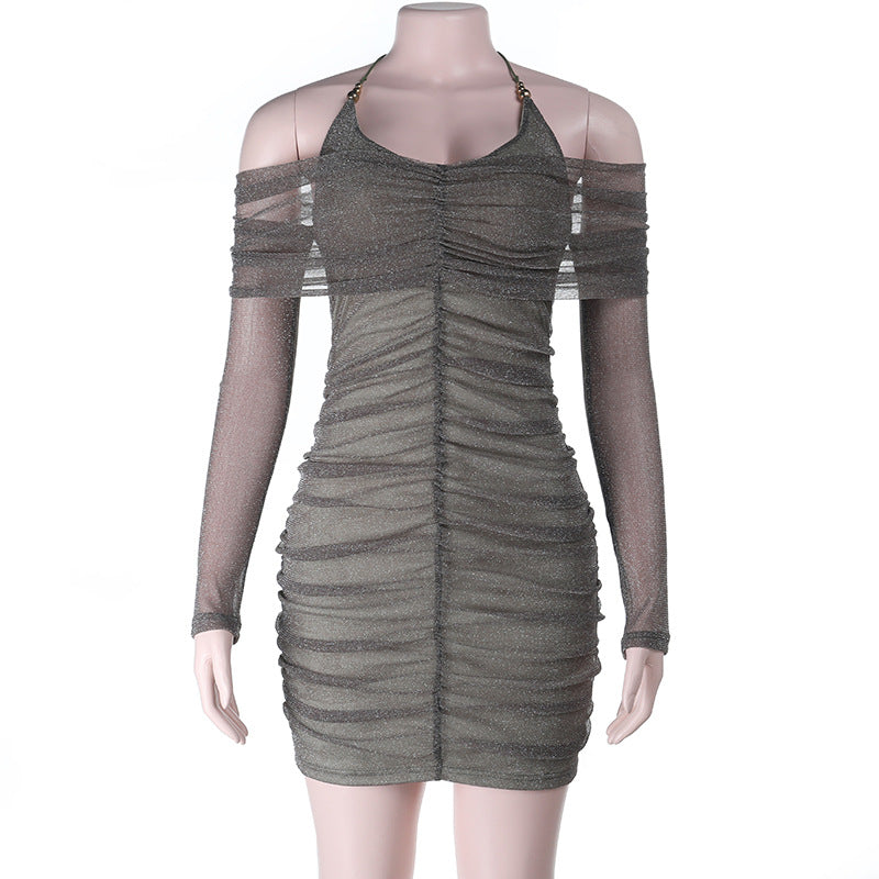 Autumn Winter Evening Dress Sexy Tube Top Halter Mesh Thin Glittering Hip Dress by Ragazza