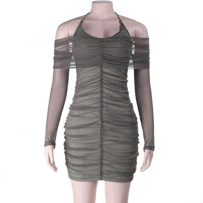 Autumn Winter Evening Dress Sexy Tube Top Halter Mesh Thin Glittering Hip Dress by Ragazza