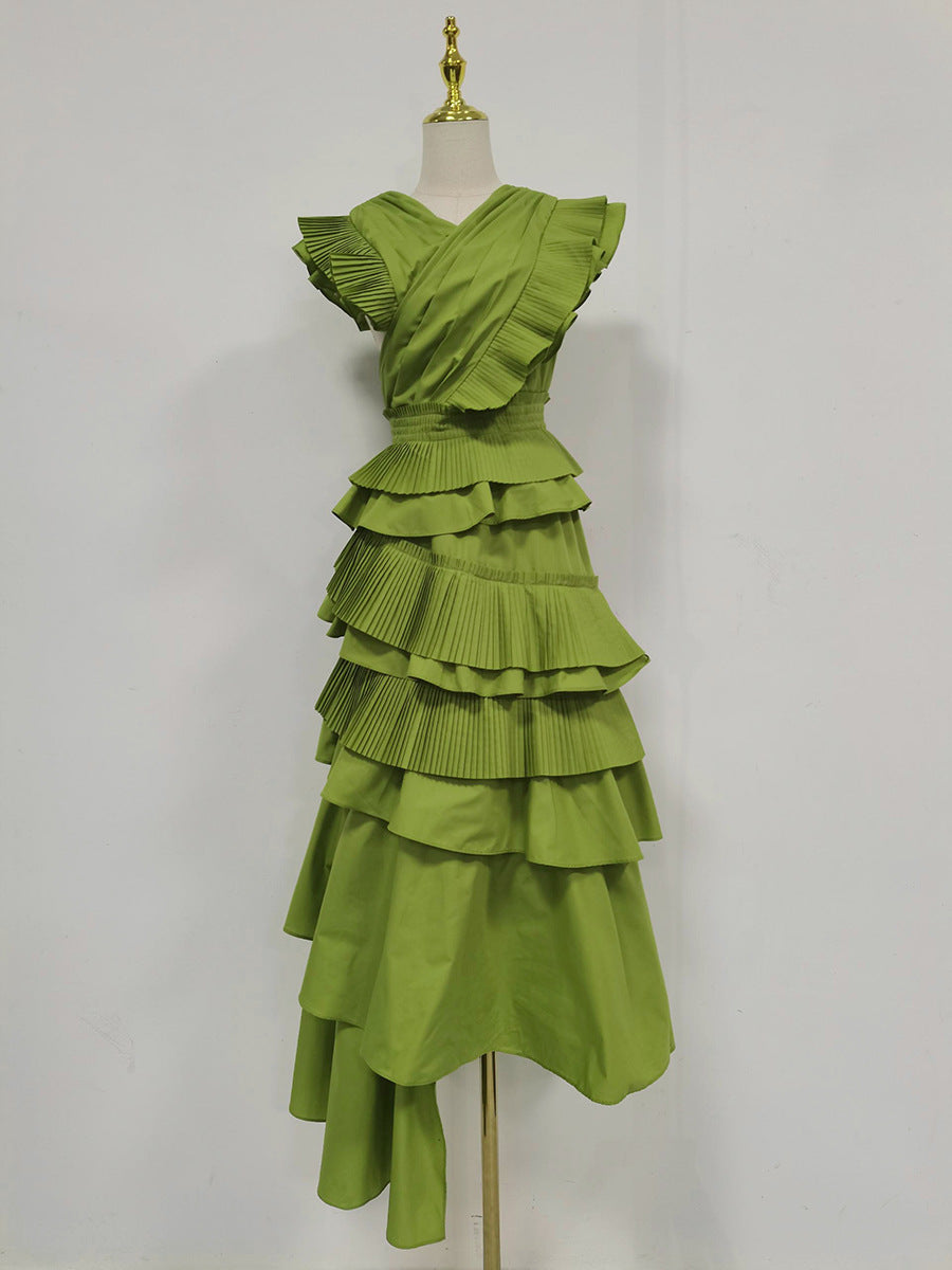 Spring Elegant Elegant Wooden Ear Stitching High Grade V neck Cross Maxi Dress Women Clothing by Ragazza
