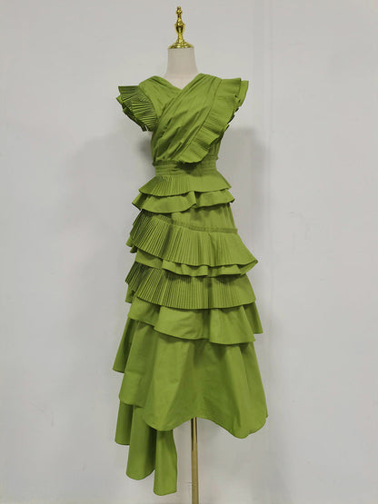 Spring Elegant Elegant Wooden Ear Stitching High Grade V neck Cross Maxi Dress Women Clothing by Ragazza