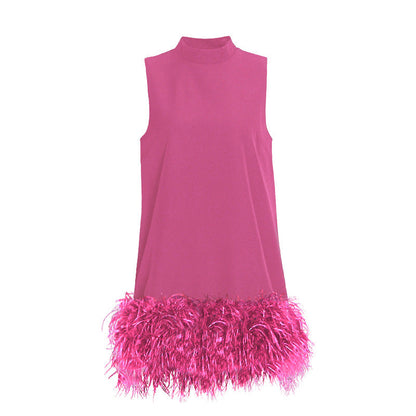 Australian Brand Design Short Autumn Stand Collar Sleeveless Solid Color Stitching Hem Feather Dress by Ragazza