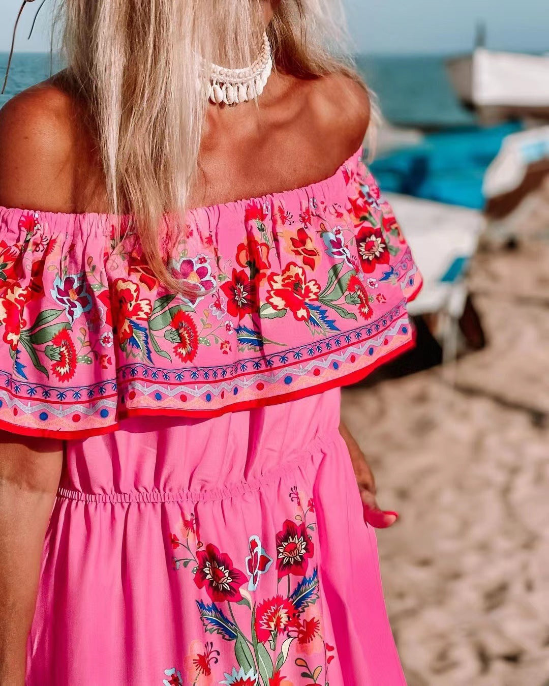 Spring Summer off Shoulder Red Floral Printed Long Large Hem Dress by Ragazza