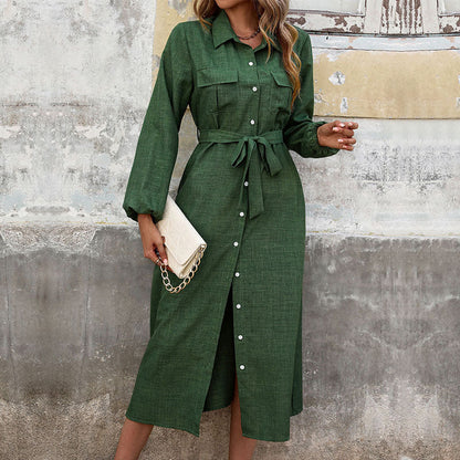 Fall Women Clothing Turn down Collar Green Long Sleeve Solid Color Dress  DestGlow