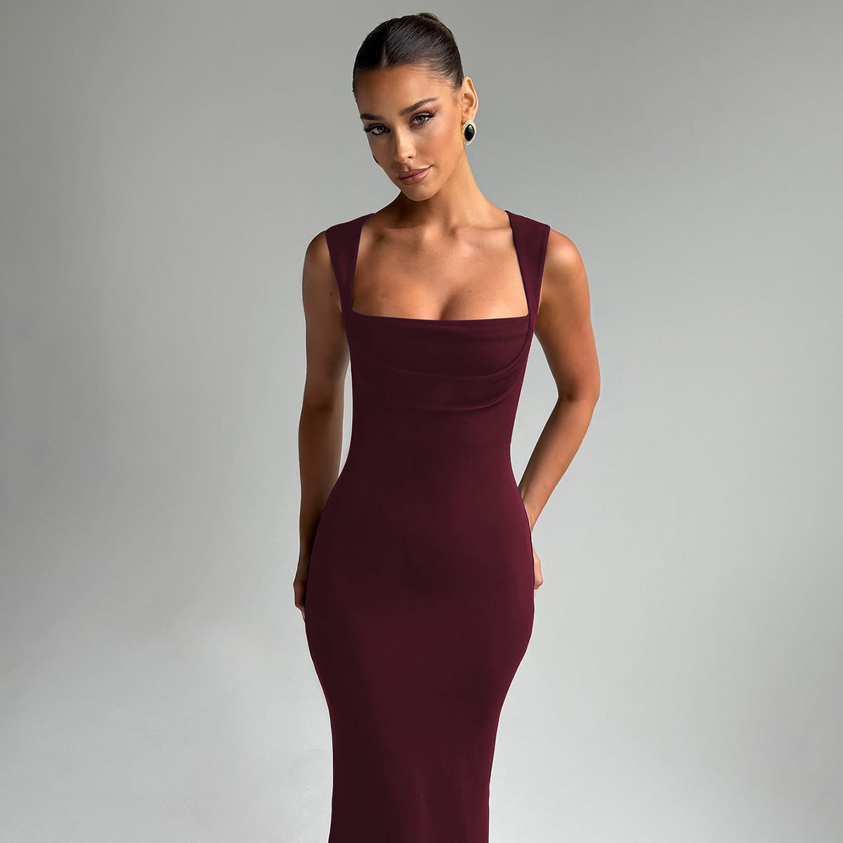 Women Clothing Spring Summer Slim Fit Square Collar Sleeveless Waist Slimming Dress by Ragazza