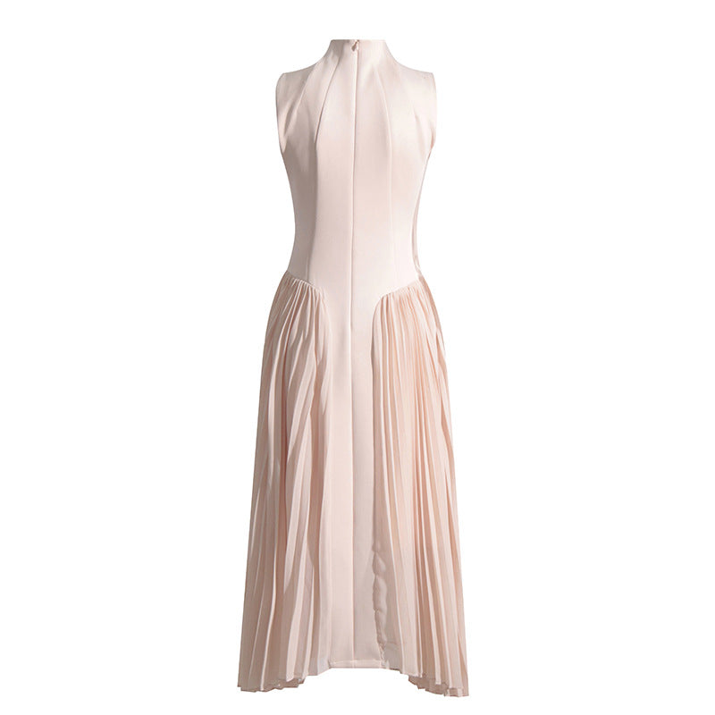 Summer Stand Collar Elegant Slightly Mature Dress Design Pleated Patchwork Waist Slimming Slimming Dress Long Dress by Ragazza