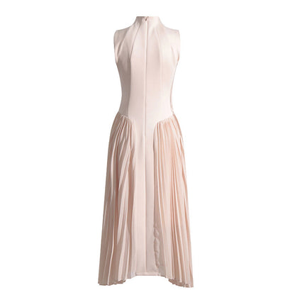 Summer Stand Collar Elegant Slightly Mature Dress Design Pleated Patchwork Waist Slimming Slimming Dress Long Dress by Ragazza