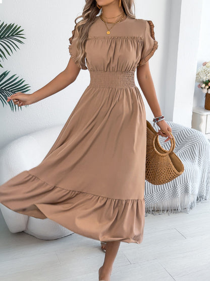 Spring Summer Casual Stringy Selvedge Short Sleeve Smocking Waist Controlled Large Hem Maxi Dress Women Clothing  DestGlow