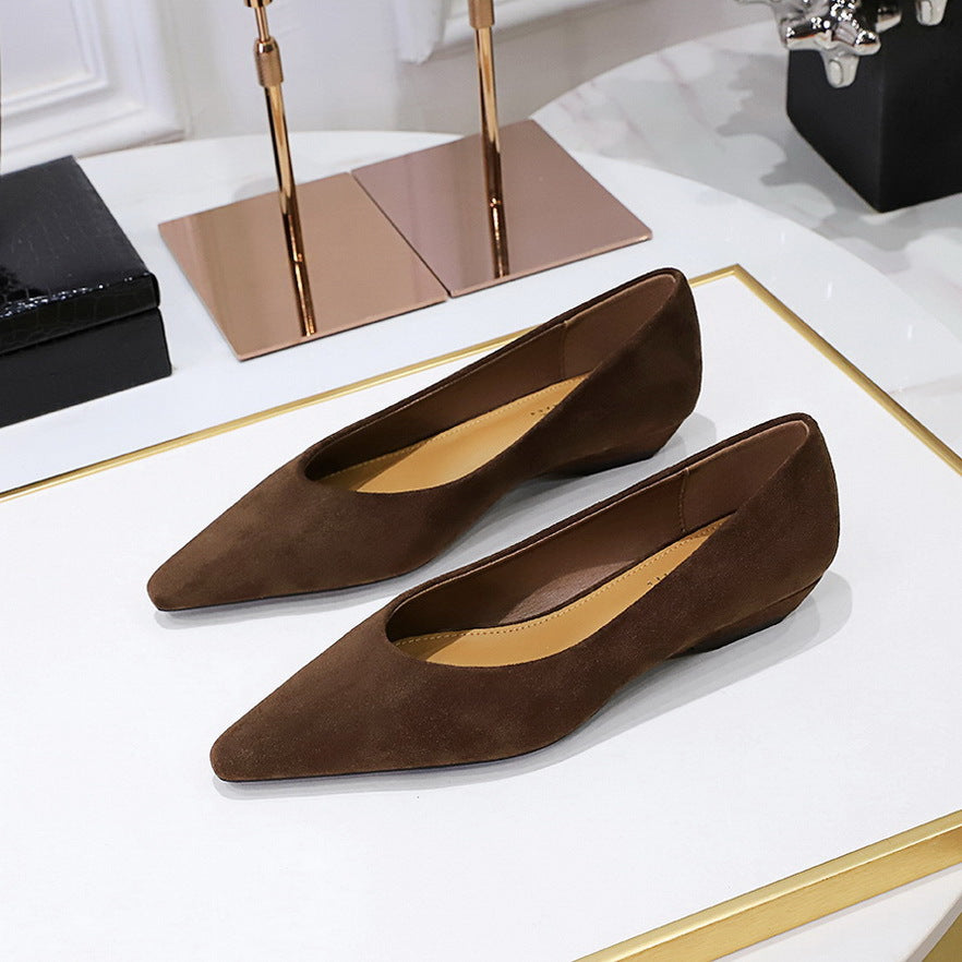 Daily Simple All Match Pointed Toe Shallow Mouth Low Heel Comfortable Suede Wedge Shoes Women Shoes  DestGlow