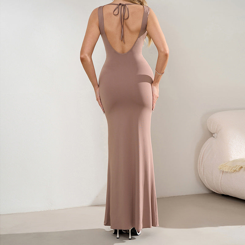 Milk Silk Dress Sexy V neck Halter Backless Pleated Long Fish Tail Dress by Ragazza